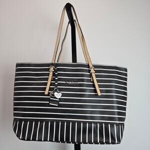 Vintage Y2K Guess Tote Bag Purse Black White Stripe‎ Coated Canvas Heart Charm